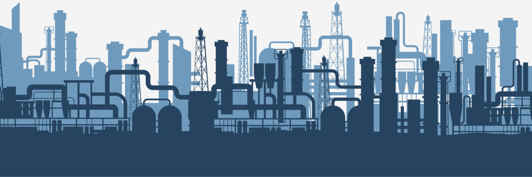 Industrial factories silhouette background. Blue oil refinery complex with pipes and tanks gas production rigs with endless steel vector landscape.