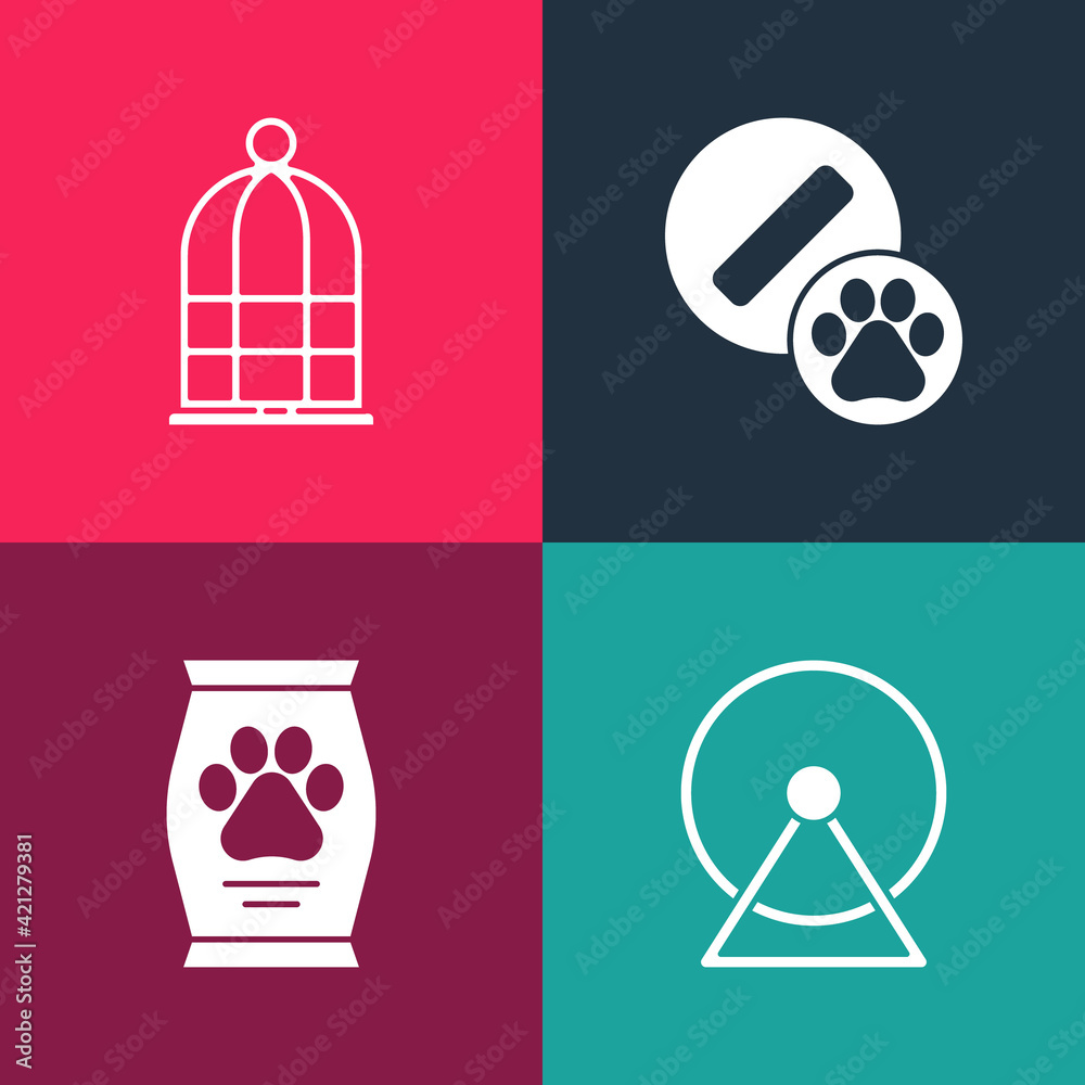 Sticker Set pop art Hamster wheel, Bag of food, Dog pill and Cage for birds icon. Vector