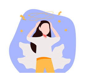 Obraz premium Sick person suffering from vertigo, feeling confused, dizzy and head ache. Flat vector illustration for stress, sickness symptoms, migraine, hangover concept.