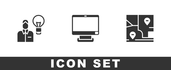 Set Human with lamp bulb, Computer monitor and Folded map location icon. Vector