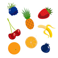 Juicy fruits. Red ripe cherry with blue ripe blueberries and yellow peeled banana yellow orange with half lemon vector.