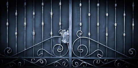 large gray metal gate with a black wrought iron pattern on the profile