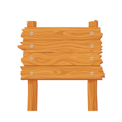 Wooden retro notice board banner. Old yellow information billboard with broken warning and direction boards in rural vector area.