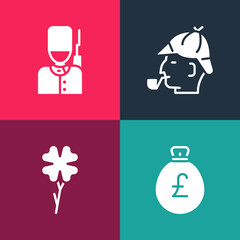 Set pop art Money bag with pound, Four leaf clover, Sherlock Holmes and British soldier icon. Vector
