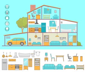 Interiors room with furniture. Flat style vector illustration
