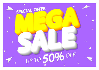 Mega Sale 50% off, poster design template, special offer, vector illustration