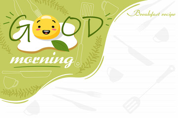 Naklejka premium Good morning with cheerful scrambled eggs banner. Joyful yellow omelette for breakfast with blank complementary items list delicious green vector design.