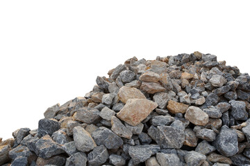 Piles of limestone rocks isolated on white background with clipping path. Break stones on construction site. Used in the industry, making roads, railways, making lime, burning, cement.