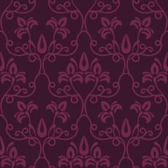 Damask seamless vector pattern. Classic vintage damask ornament, royal victorian geometric seamless pattern for wallpaper, textile, packaging. Floral baroque pattern, purple background 