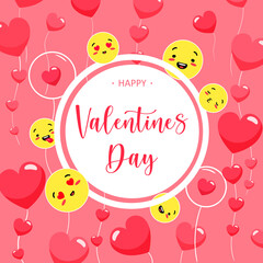 Fototapeta na wymiar Emotional Valentines day banner. Yellow romantic emoticons with red hearts and joyful grimaces invite you date and confess your love vector.
