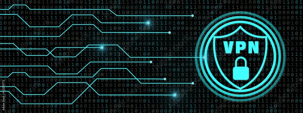 Poster vpn logo in shield with padlock - information connecting lines on digital binary code background - c