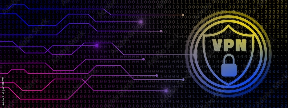 Poster vpn logo in shield with padlock - information connecting lines on digital binary code background - c