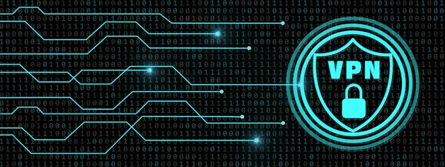VPN logo in shield with padlock - information connecting lines on digital binary code background - cyber security concept of Virtual Private Network - 3D Illustration