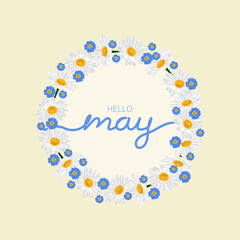 Seasonal spring flowers wreath, isolated on yellow background. Hello May. Vector illustration.