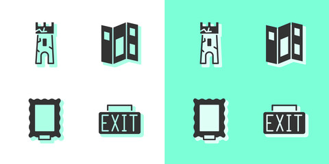 Set Exit sign, Castle tower, Picture and Museum guide brochure icon. Vector