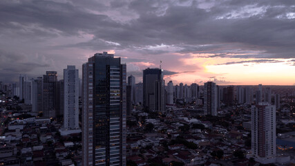 Sunset in big city Goiania, in Brazil. Skyline in dusk with skyscrapers.
