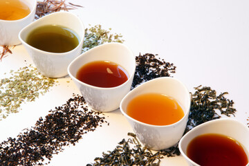 Selection of different types of loose tea brewed in small cups