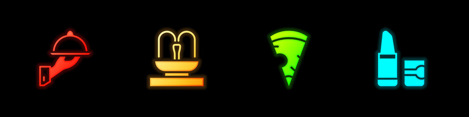 Set Covered with tray of food, Fountain, Slice pizza and Lipstick icon. Vector