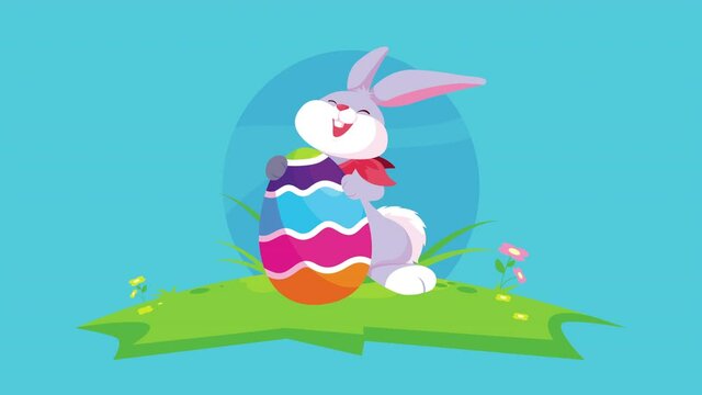 happy easter card with cute rabbit ang egg in camp