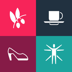 Set pop art Vitruvian Man, Woman shoe, Coffee cup and Olives branch icon. Vector