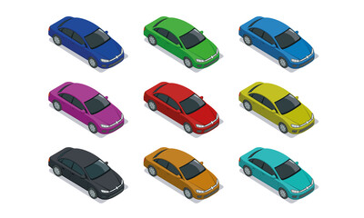 multi-colored passenger cars isometry