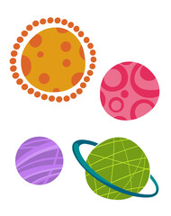 Planet clipart. Mars, Venus, Moon. Cute illustration in cartoon childish style. The image is isolated on a white background.