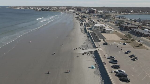 Aerial slow motion clip of drone flight over Nantasket Beach, Hull Massachusetts.