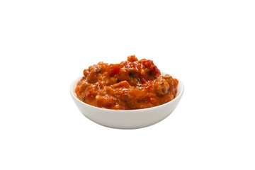 Vegetable stew in a bowl isolated on white background.