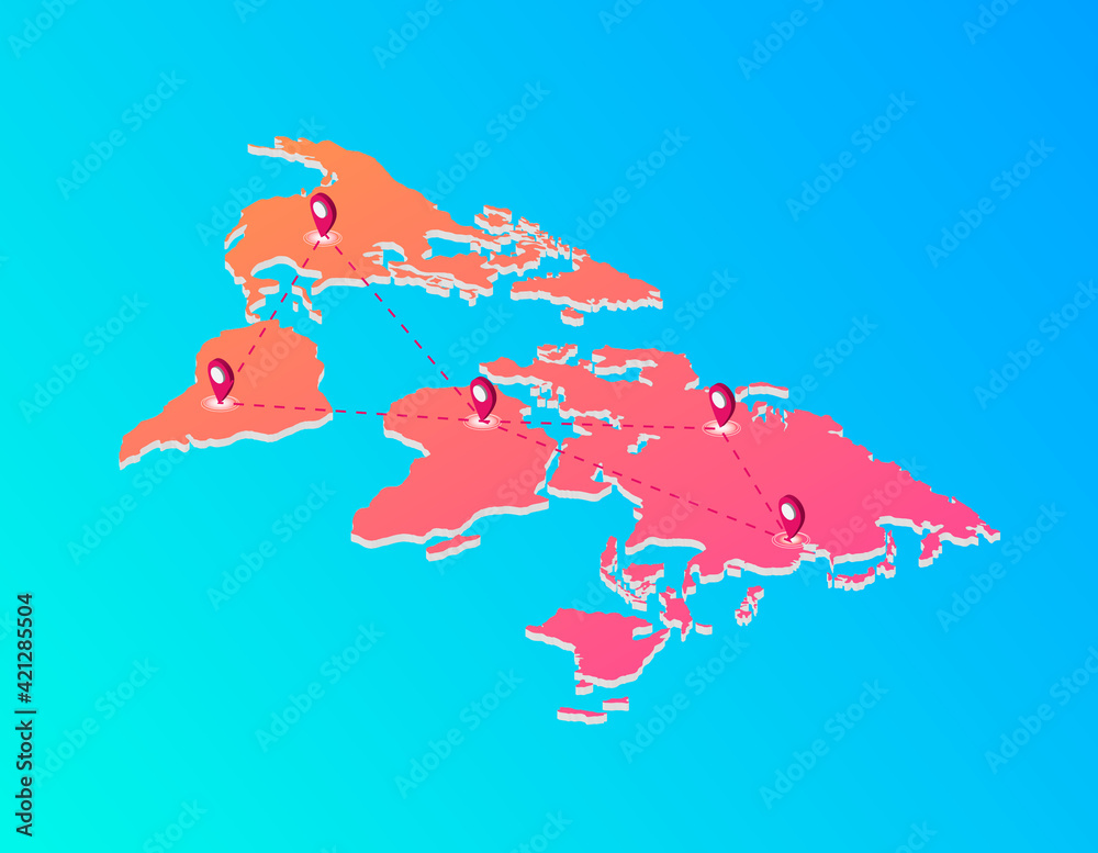 Poster world map with web route labels isometric. red continents with gps pointers on blue gradient space d