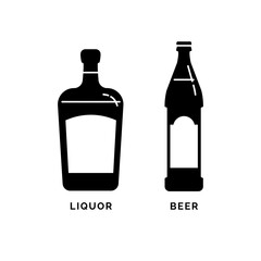 Bottle liquor and beer as silhouette. Alcohol drink drawing. Black white. Decoration element. Bar menu design. Symbol, logo. Isolated illustration white background. Drink element