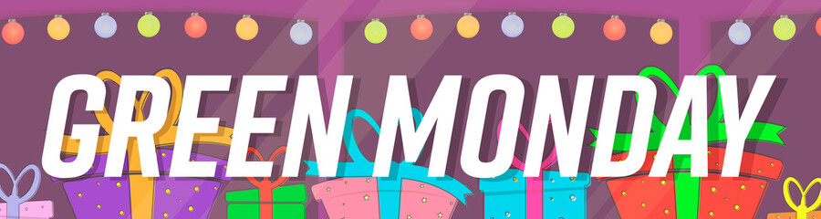 Green Monday, sale web banner design template, discount horizontal poster, vector illustration