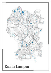 Obraz premium Kuala Lumpur map poster, administrative area plan view. Black, white and blue detailed design.
