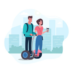 A couple of lovers ride modern gyroboards, drink coffee. Alternative environmentally friendly transport, healthy lifestyle. A woman and a man, friends are walking around the city. Vector, flat style.
