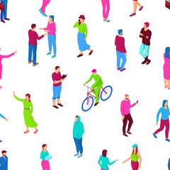 People walking and having fun isometric seamless pattern. Male character in green uniform rides bike hipsters in red sweater and blue pants talk about vector matters