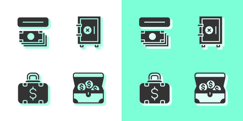 Set Treasure chest, ATM and money, Briefcase and Safe icon. Vector