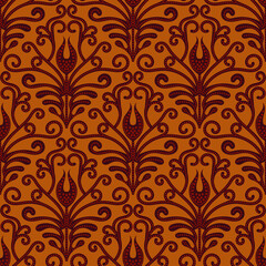 Damask seamless vector pattern. Classic vintage damask ornament, royal victorian geometric seamless pattern for wallpaper, textile, packaging. Floral baroque pattern, yellow and red-brown background 