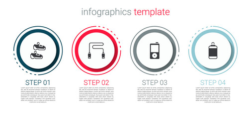 Set Sport sneakers, Jump rope, Music player and Punching bag. Business infographic template. Vector