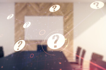 Double exposure of abstract virtual question mark hologram on a modern meeting room background....