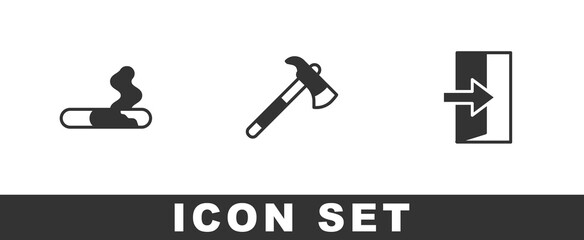 Set Cigarette, Firefighter axe and exit icon. Vector