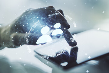 Creative abstract people icons hologram and finger presses on a digital tablet on background, life...