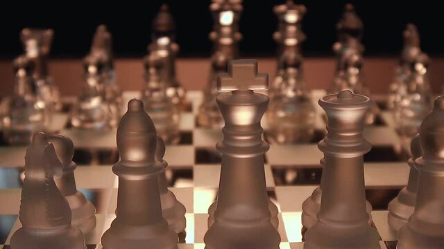 Glass Chess board and game pieces. MS Chess FG Focus 45sec