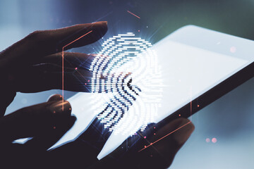 Multi exposure of creative fingerprint hologram with finger presses on a digital tablet on background, personal biometric data concept