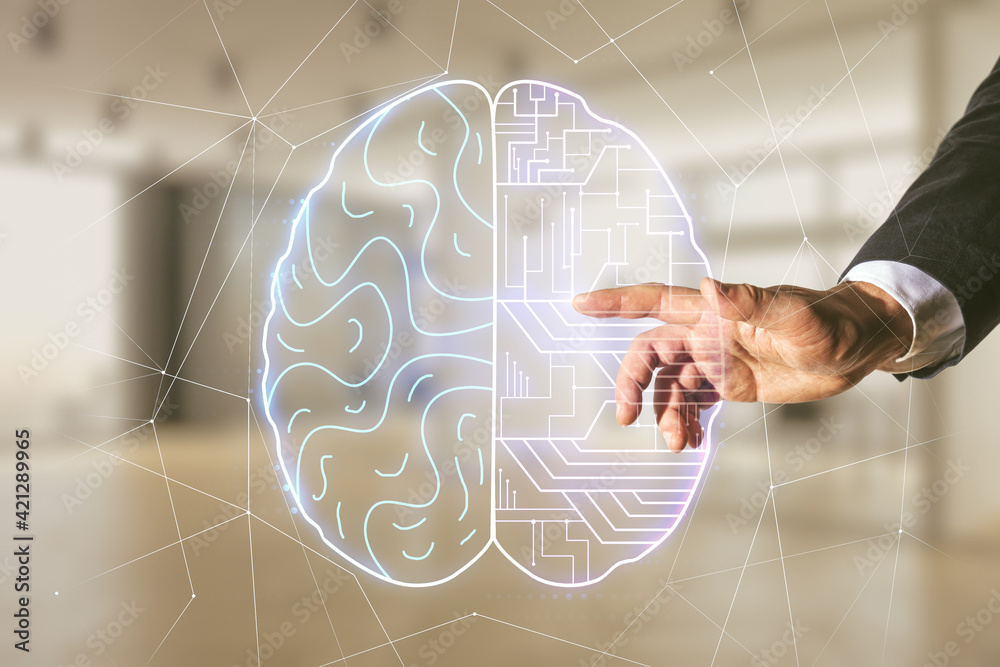 Poster man hand clicks on virtual creative artificial intelligence hologram with human brain sketch on blur