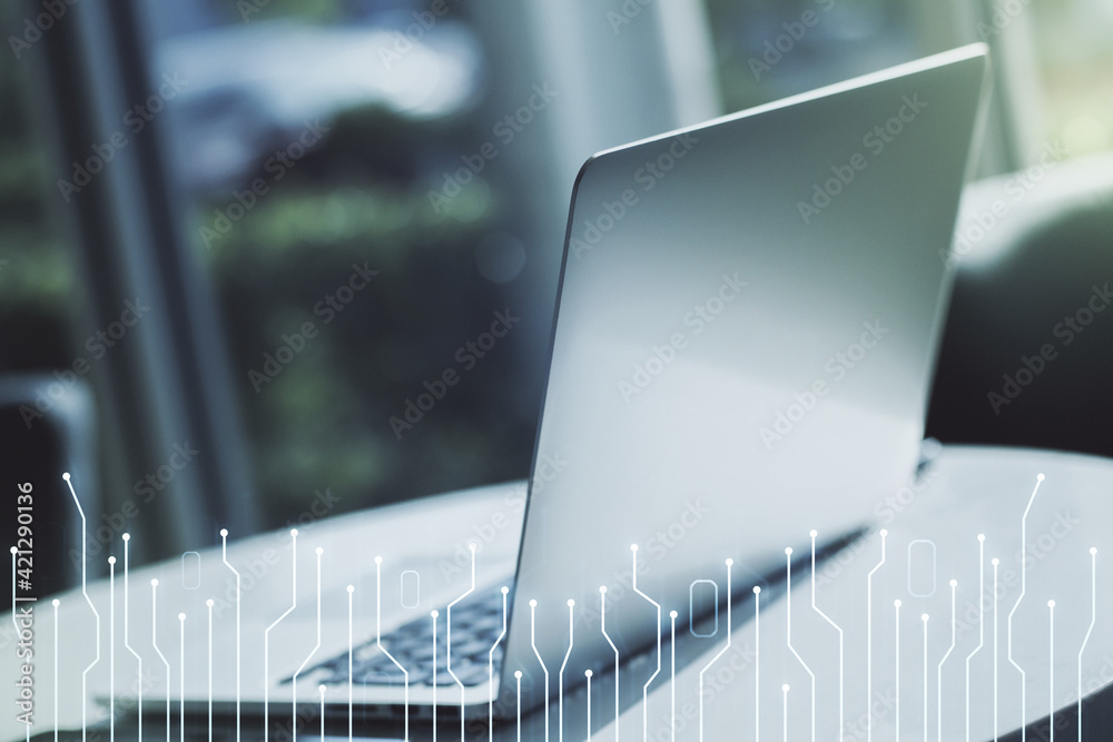Poster creative abstract micro chip hologram on modern computer background, artificial intelligence and mac