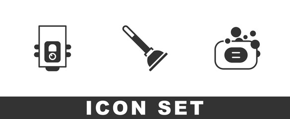 Set Gas boiler, Rubber plunger and Bar of soap icon. Vector