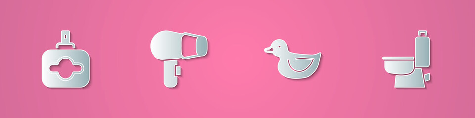 Set paper cut Perfume, Hair dryer, Rubber duck and Toilet bowl icon. Paper art style. Vector
