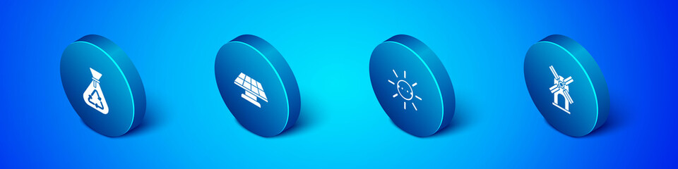Set Isometric Garbage bag with recycle, Solar energy panel, Wind turbine and icon. Vector