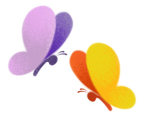 Clipart watercolor two butterflies fly. Purple and yellow. Minimalism. Boho vintage style. Cute illustration in cartoon childish style. The image is isolated on a white background.