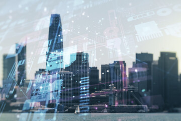 Multi exposure of abstract creative coding sketch on San Francisco city skyline background, artificial intelligence and neural networks concept