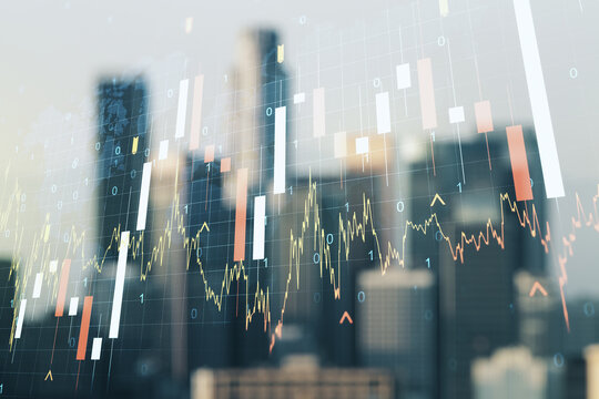 Abstract creative financial graph interface and world map on blurry skyline background, forex and investment concept. Multiexposure © Pixels Hunter
